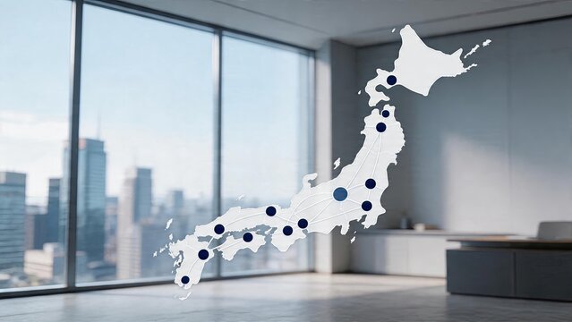 Business network map of Japan displayed in modern office with blurred city skyline background digital connectivity concept corporate strategy