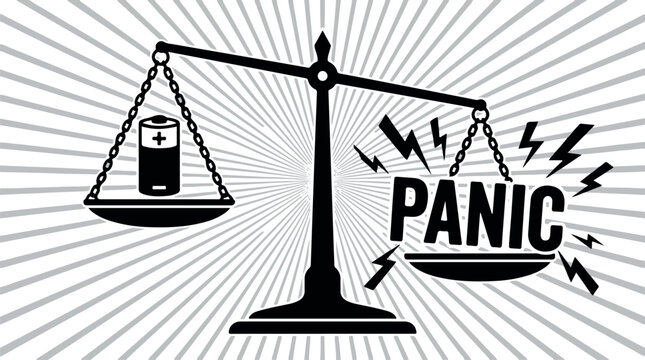 Balanced scale tipped by panic with battery and lightning bolts, flat design vector illustration