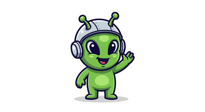 Cute cartoon green alien character wearing a helmet and headphones, waving hello