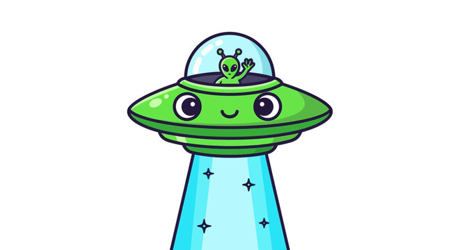 Cute green alien waving from a flying saucer with a light beam