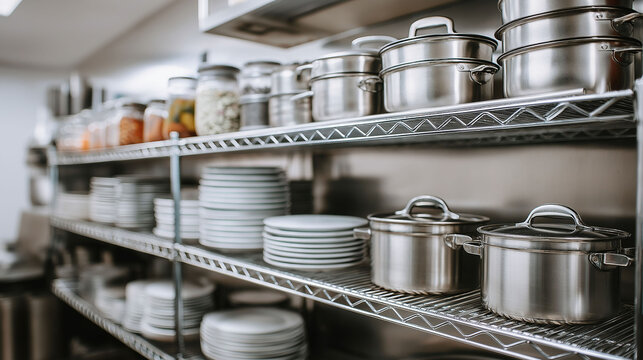 Metal racks hold stacked plates and pots. Shiny stainless steel containers gleam under bright lights. Clean, organized kitchen shelves suggest professional care