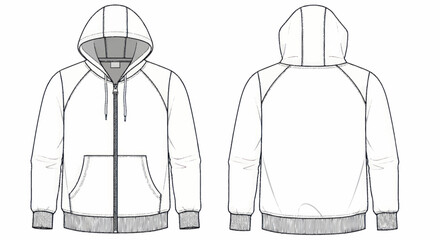 Front and back view of a blank zip-up hoodie design. © Wita
