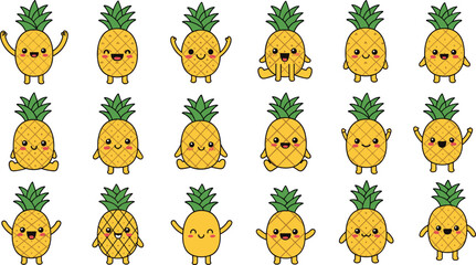 Fototapeta premium Large collection of cute cartoon pineapple characters with various facial expressions and poses for tropical summer fruit food themed designs.