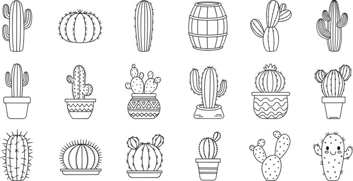 Large collection of hand drawn potted houseplant icons featuring various lush green foliage and tropical leaves in decorative colorful ceramic pots in a clean flat vector style.