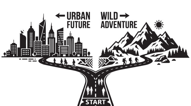 Diverging paths between urban future and wild adventure, split road vector illustration