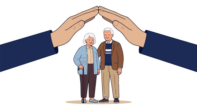 Elderly couple supported by two hands forming a protective roof, flat design vector illustration