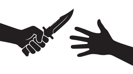 Obraz premium Conflict vector illustration showing hand gripping knife against open palm, black and white flat design