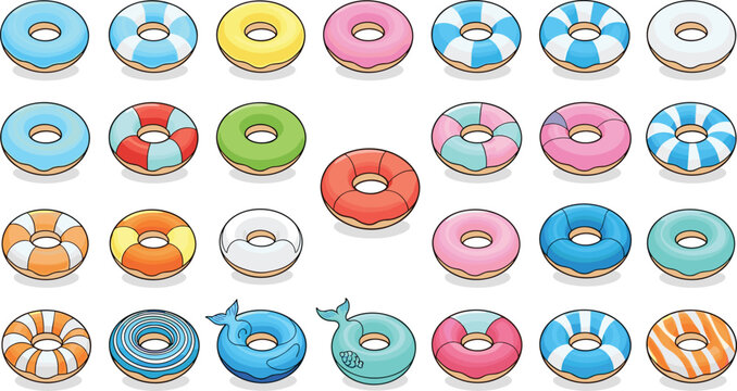 Large collection of colorful inflatable swimming rings and lifebuoys with various patterns and animal shapes for summer pool party leisure activities.