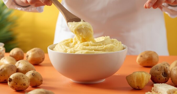 Making delicious mashed potatoes against a colorful backdrop