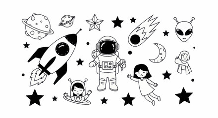 Hand drawn doodle set of space elements and astronauts. © Wita