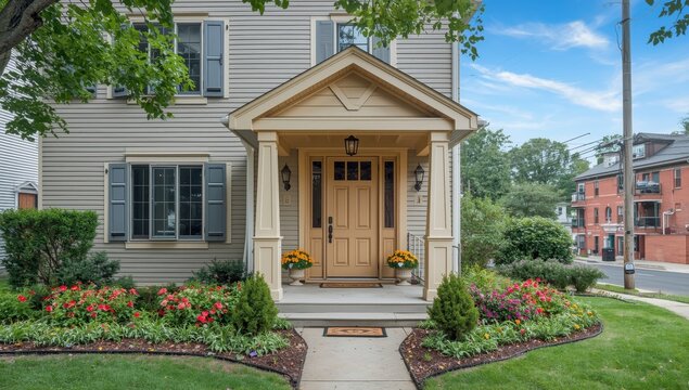 Family home's entrance featuring a gabled porch and storm door in Brighton, Boston, MA