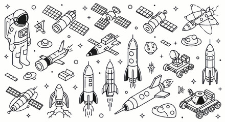 Hand drawn space exploration elements set with rockets, satellites, and astronauts. © Wita