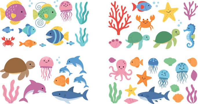 Large collection of cute hand drawn sea creatures featuring whales dolphins sharks turtles and colorful fish in a charming pastel vector style for children's illustrations.