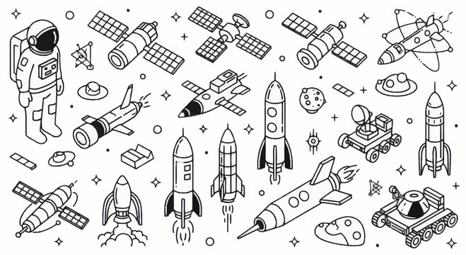 Hand drawn space exploration elements set with rockets, satellites, and astronauts.