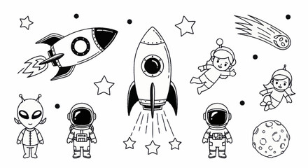 Hand drawn space exploration elements with rockets astronauts and aliens. © Wita