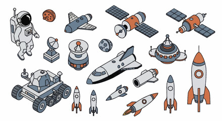 Isometric Space Exploration Elements Collection Astronaut Rockets Satellites. © Wita