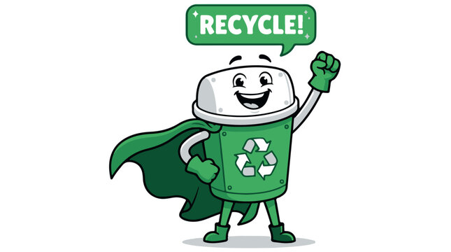 Happy recycling superhero trash can with green cape and recycling symbol, cheerful eco friendly vector illustration