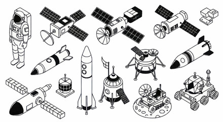 Isometric Space Exploration Elements Set Astronaut Satellites Rockets Rovers. © Wita