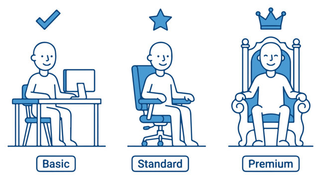 Three tiered seating hierarchy vector illustration showing basic, standard, and premium levels with icons