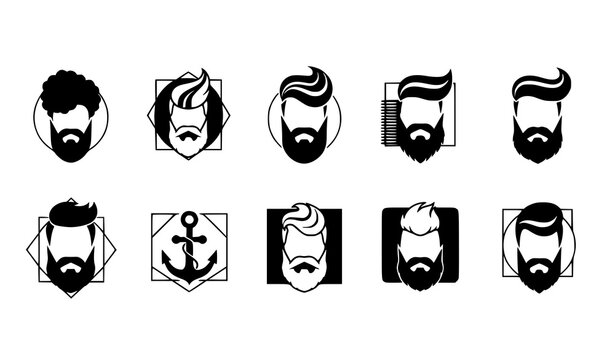 Modern barber badge icon set men beard and hairstyle symbols with bold haircuts and grooming styles vector