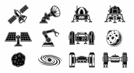 Monochrome Space Exploration and Technology Icons Set. © Wita