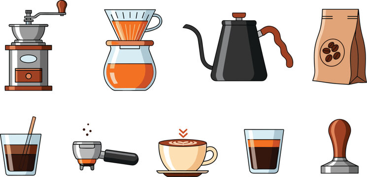 Comprehensive Beverage and Drinkware Vector Illustration Set Featuring Glass Bottles Soda Cans Cocktail Glasses Coffee Mugs Juice Boxes and Refreshing Liquid Icons for Menus