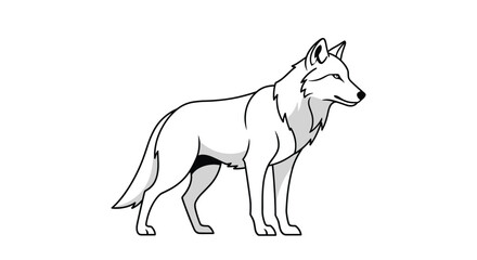 Fototapeta premium Simple black and white line drawing of a majestic wolf standing in profile against a plain white background for coloring.