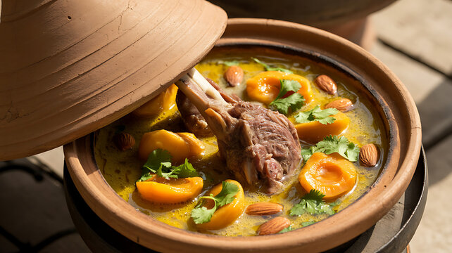 Traditional moroccan lamb tagine with apricots almonds and cilantro in clay pot slow cooked mediterranean mutton stew meal.