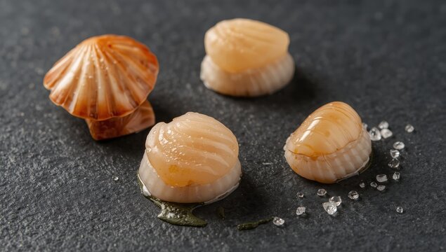 Image of three scallops: one closed, one open, and one plated on slate for culinary visuals