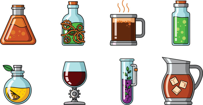 Creative Steampunk Fantasy Beverage Vector Illustration Set Featuring Alchemical Elixirs Clockwork Potions Steam Powered Coffee Copper Gear Wine and Laboratory Flask Drinks