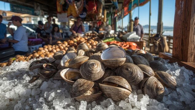 Live clams available at a seafood market. Fresh, on ice. Marine invertebrates, bivalves that can live over 20 years