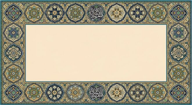 Islamic Geometric Pattern Border with Arabic Calligraphy and Cream Background