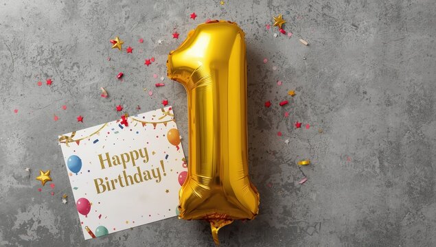 Gold foil number one balloon on a concrete surface. Card for birthdays and anniversaries. Celebration theme with space for text