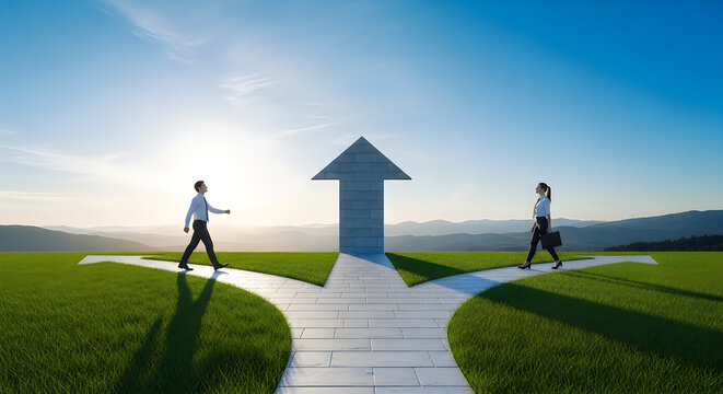 Two People Standing On A Path With An Arrow Pointing Upwards In A Green Field