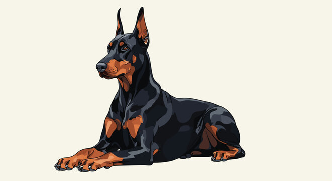 Realistic illustration of a noble doberman pinscher dog lying down on a light background representing guard animals.
