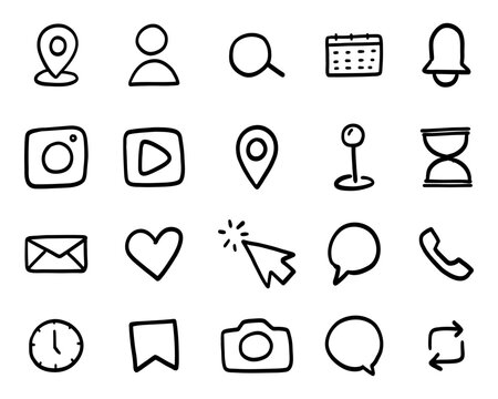 Hand Drawn UI Icons Set Doodle Interface Social Media App Outline Collection