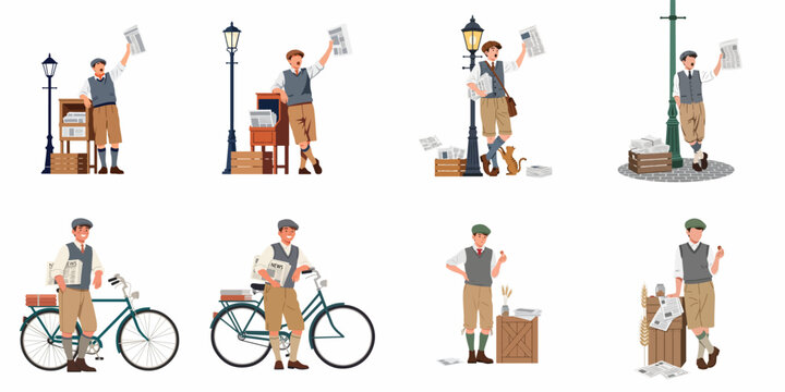Set of Vintage Newspaper Boy Illustrations Featuring Newsies in Retro Attire Selling Papers, Shouting Headlines, and Standing with Bicycles on White Background