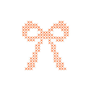 Embroidered cross-stitch red bow knots shape. Hand drawn retro hatch folk motif. Vector isolated shape.