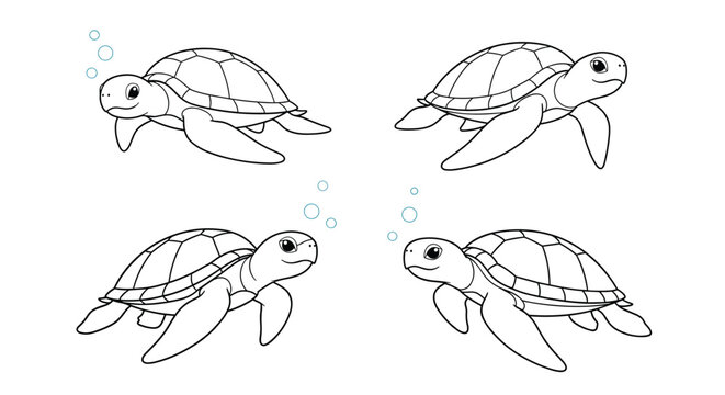 Set of four sea turtles in various swimming poses with air bubbles around them illustrated as line art for coloring.