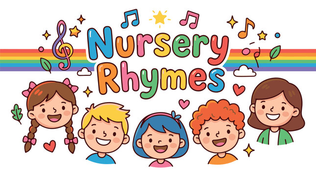 joyful group of children singing nursery rhymes colorful flat design vector illustration