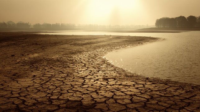 Arid landscape with cracked earth bordering a receding waterline, representing severe drought and water scarcity.