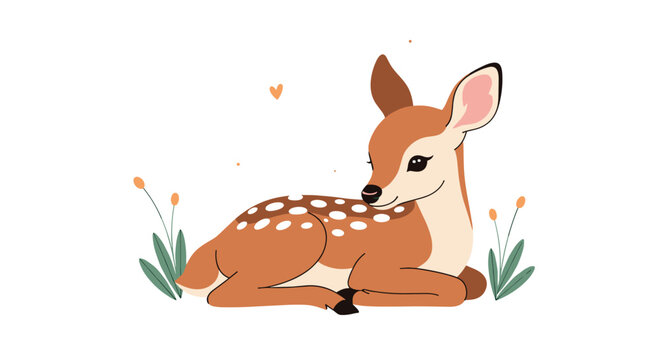 Adorable baby deer or fawn with white spots lying down among small flowers depicted in a soft colored illustration.