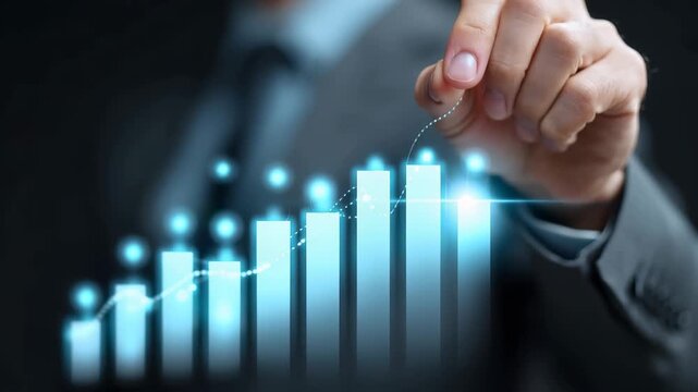 Businessman interacts with virtual growth chart to analyze market trends and improve company performance during a corporate strategy session