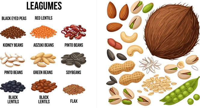 Legumes and Nuts Collection Set with Black Eyed Peas Lentils Kidney Beans Peanut Pistachio Coconut and Seeds for Food Design