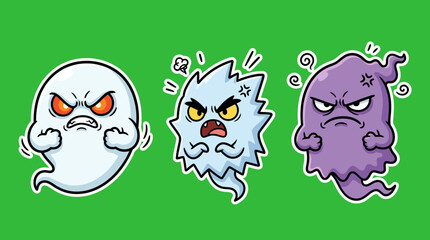 Fototapeta premium Three Angry Cartoon Ghosts with Furious Expressions on Green Background.