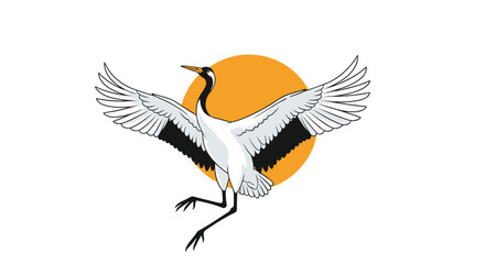 Obraz premium Beautiful illustration of a Japanese crane flying gracefully in front of a bright orange sun on a simple white background.