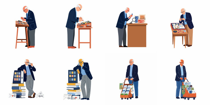 Collection of illustrations featuring an elderly male philatelist meticulously examining, sorting, and organizing his postage stamps as part of his retired lifestyle hobby.