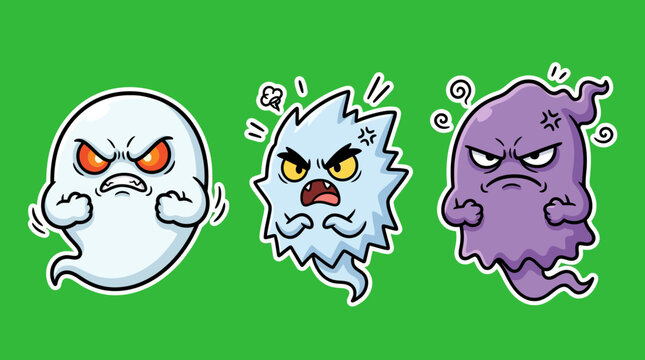 Three Angry Cartoon Ghosts with Furious Expressions on Green Background.