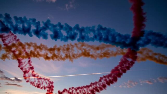 Colorful Smoke Trails from Airplanes in the Sky at Sunset