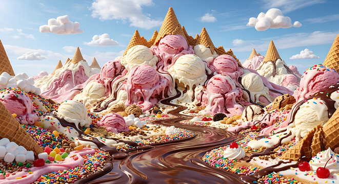 Surreal fantasy landscape of ice cream mountains with melting chocolate river and waffle cone peaks, colorful candy sprinkles.